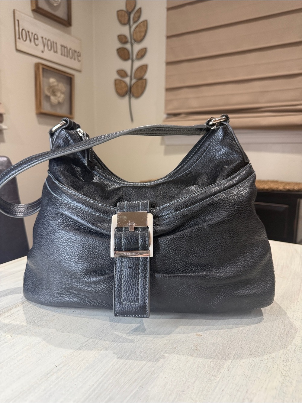 Vintage Y2K Tignanello Black Leather Hobo Bag with Large Silver Buckle